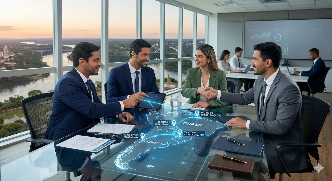 Executivos em reunião estratégica analisando um mapa holográfico do Mercosul, com foco na expansão de negócios e parcerias comerciais entre Brasil, Argentina e Paraguai, tendo a Tríplice Fronteira ao fundo.